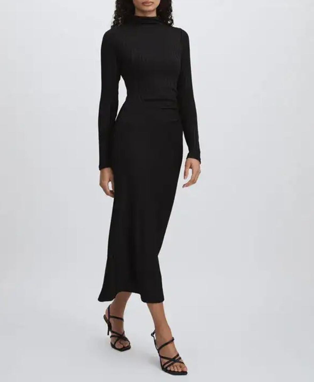 Good American Black Rib Knit Ruched Bodycon Midi Dress Funnel Neck Size S